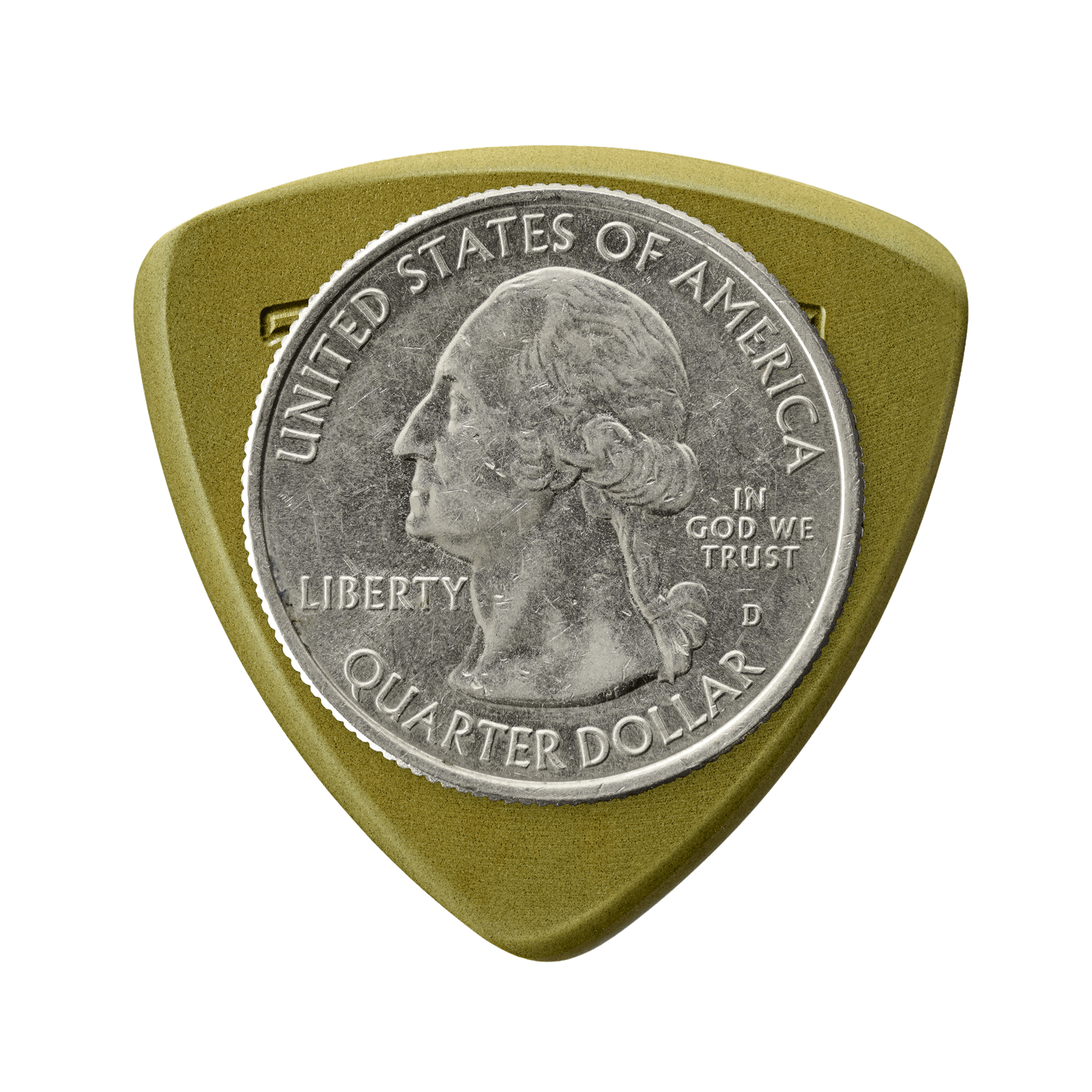 Token A3-55 Large Triangle guitar pick in Green Torlon with US quarter for size reference