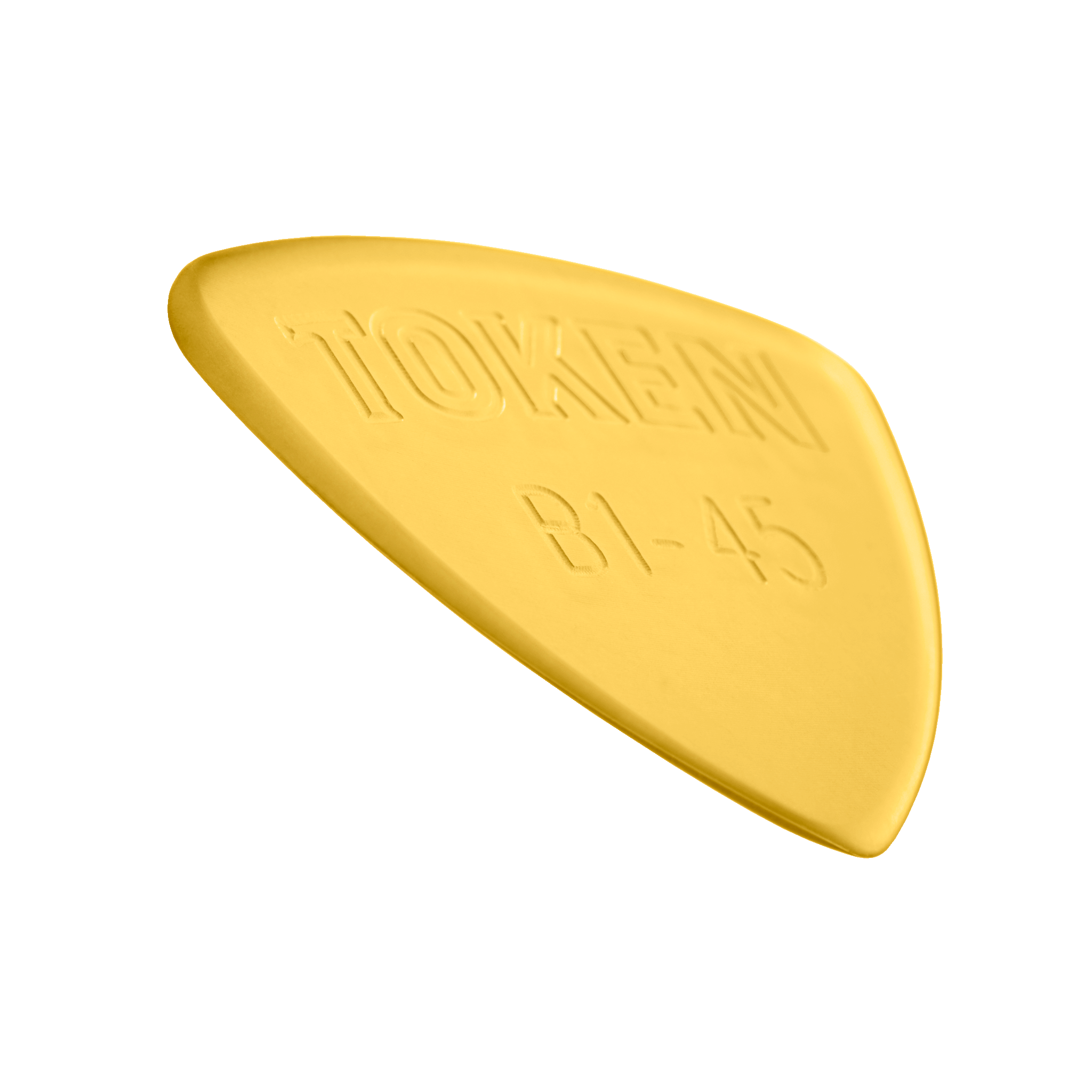 Token B1-45 Small Triangle guitar pick in Amber Ultem, angled view showing precision bevel