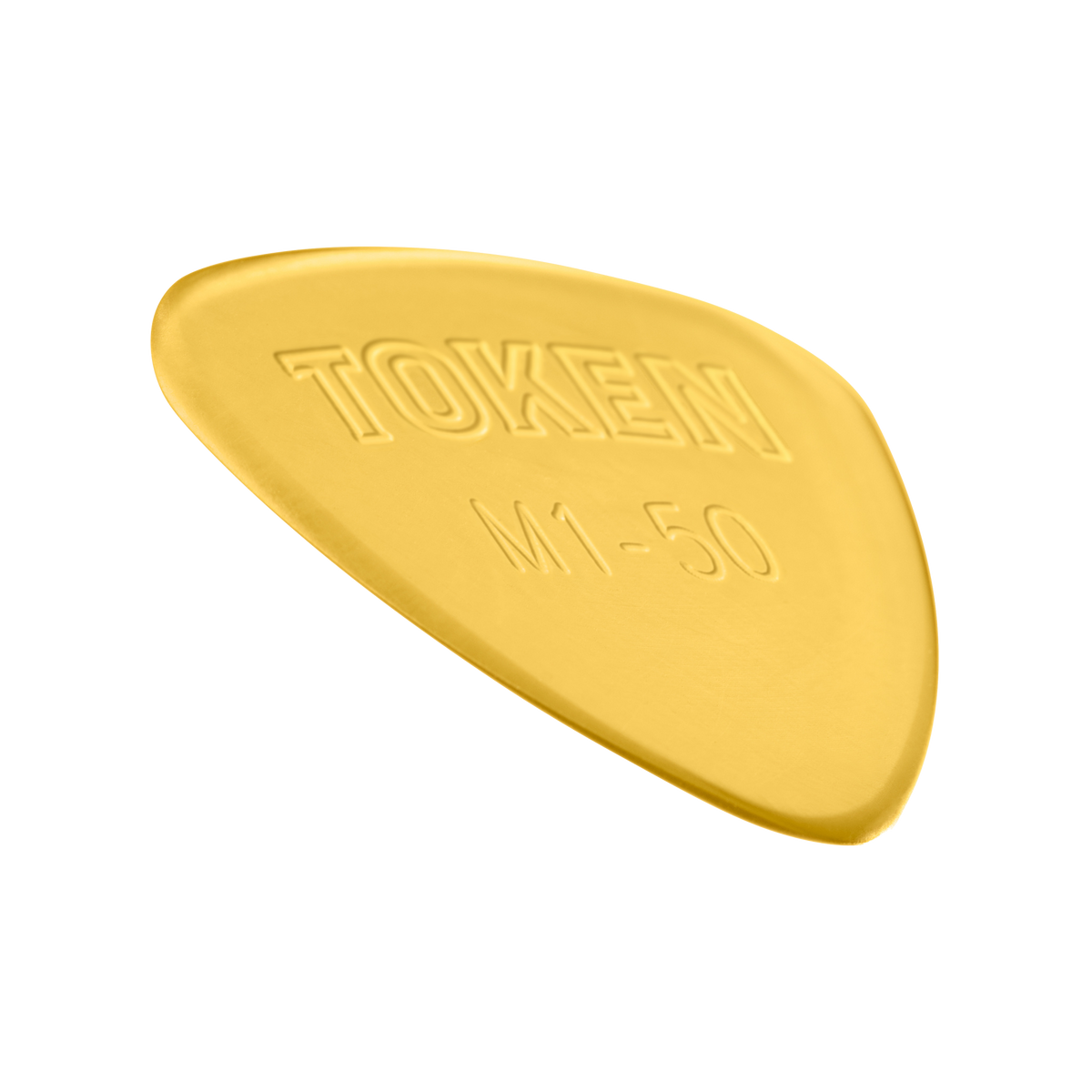 Token M1-50 Large Semi-Round guitar pick in Amber Ultem, angled view showing precision bevel