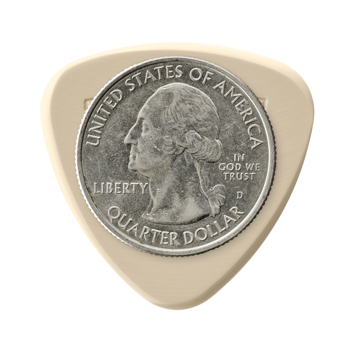 Token M2-50 Large Semi-Round guitar pick in Tan PEEK with US quarter for size reference