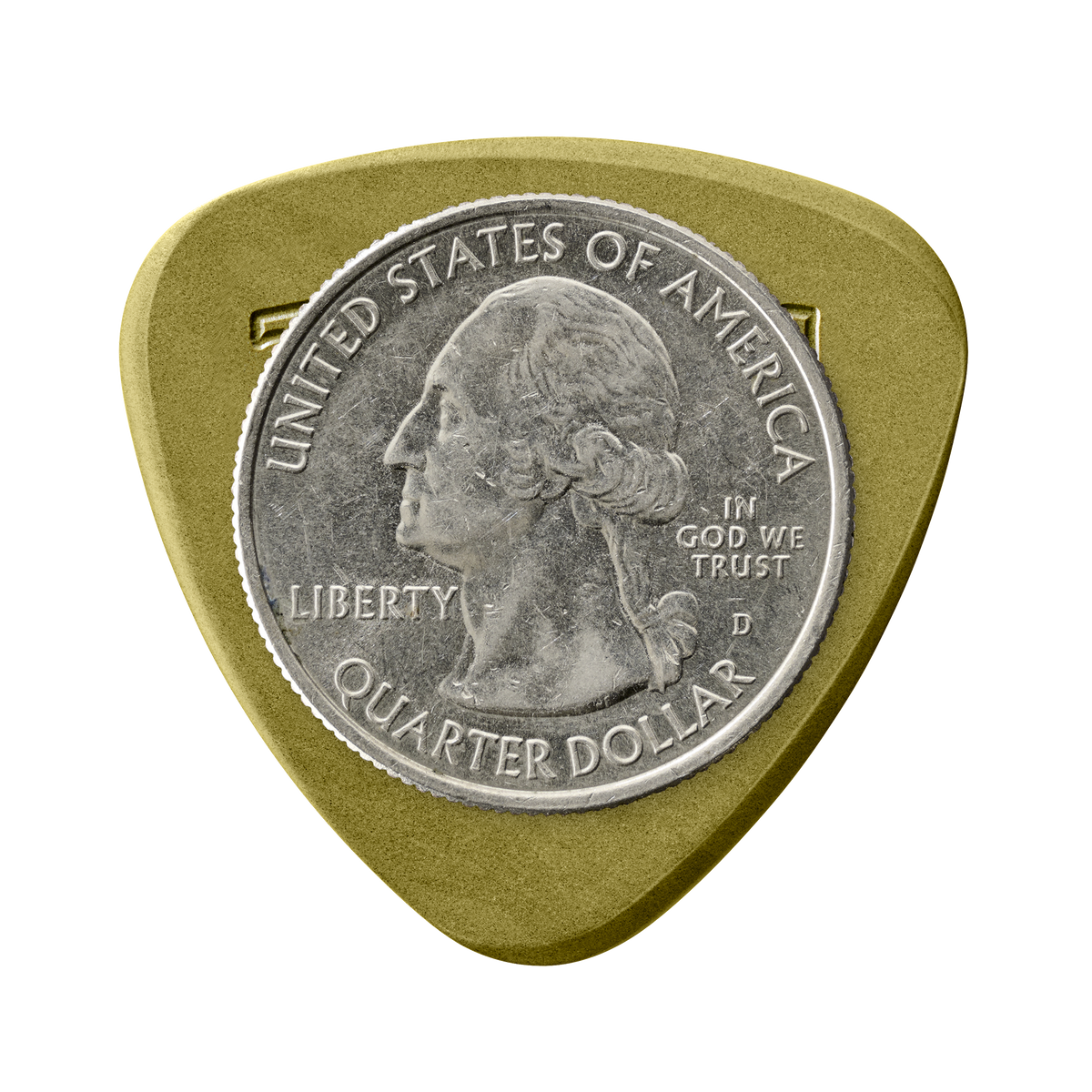 Token M3-50 Large Semi-Round guitar pick in Green Torlon with US quarter for size reference