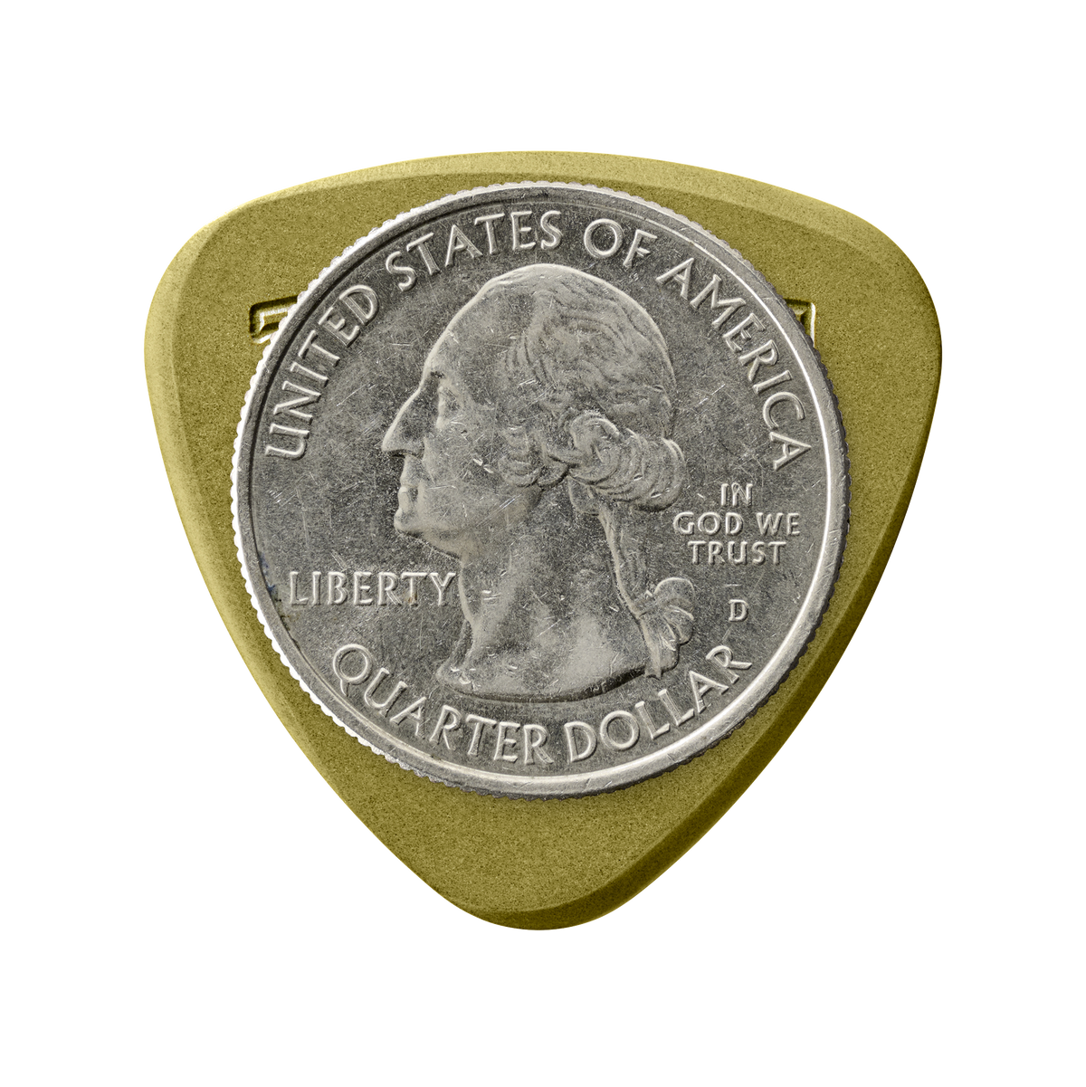 Token R3-50 Small Semi-Round guitar pick in Green Torlon with US quarter for size reference