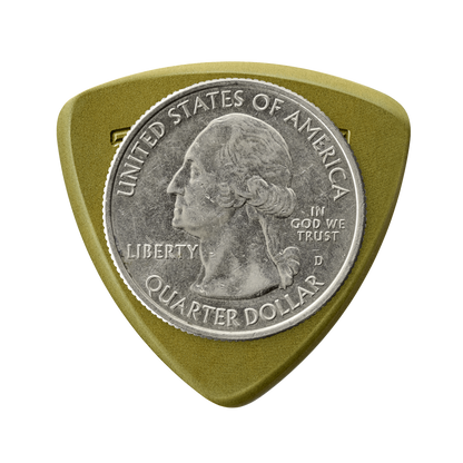 Token A3-55 Large Triangle guitar pick in Green Torlon with US quarter for size reference