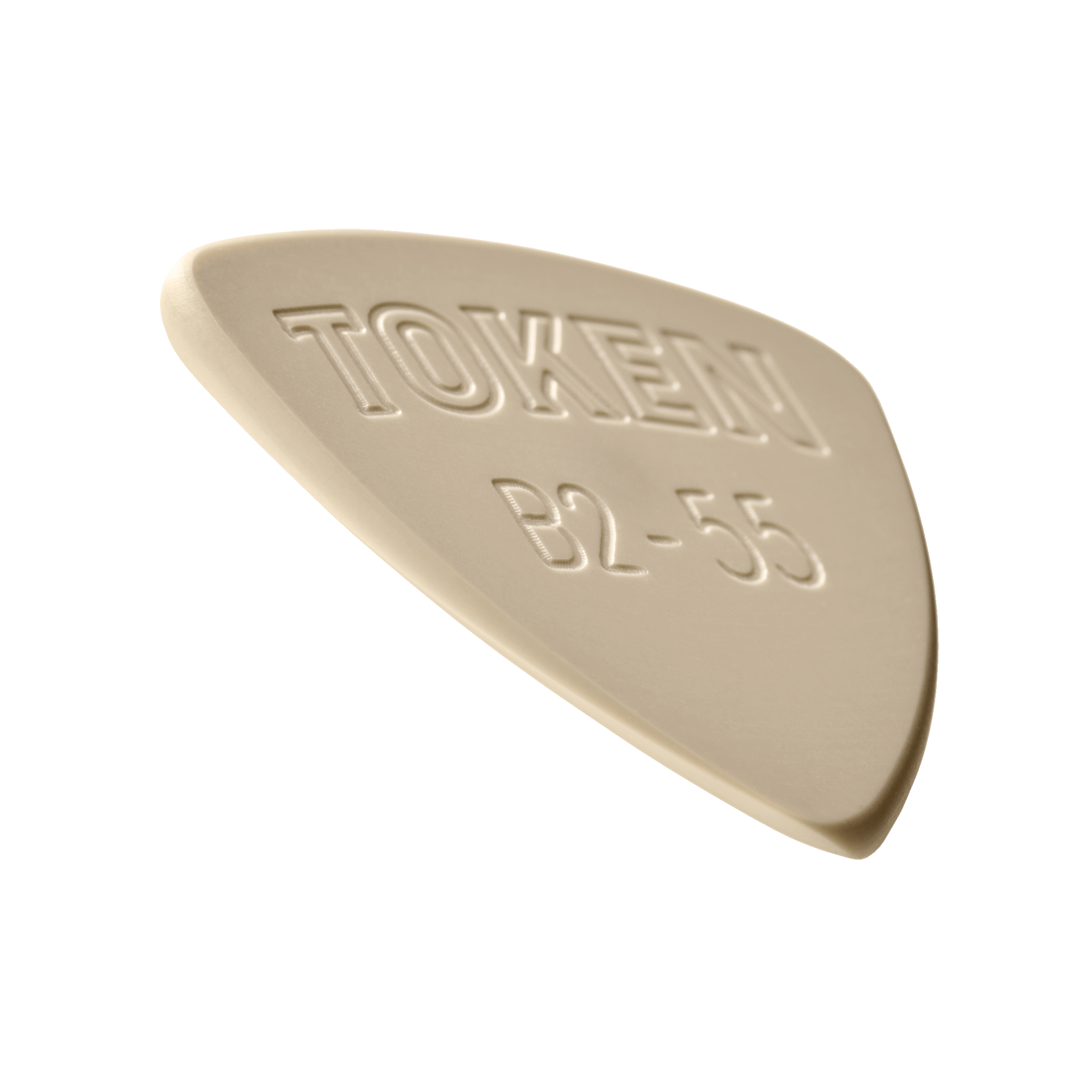 Token B2-55 Small Triangle guitar pick in Tan PEEK, angled view showing precision bevel
