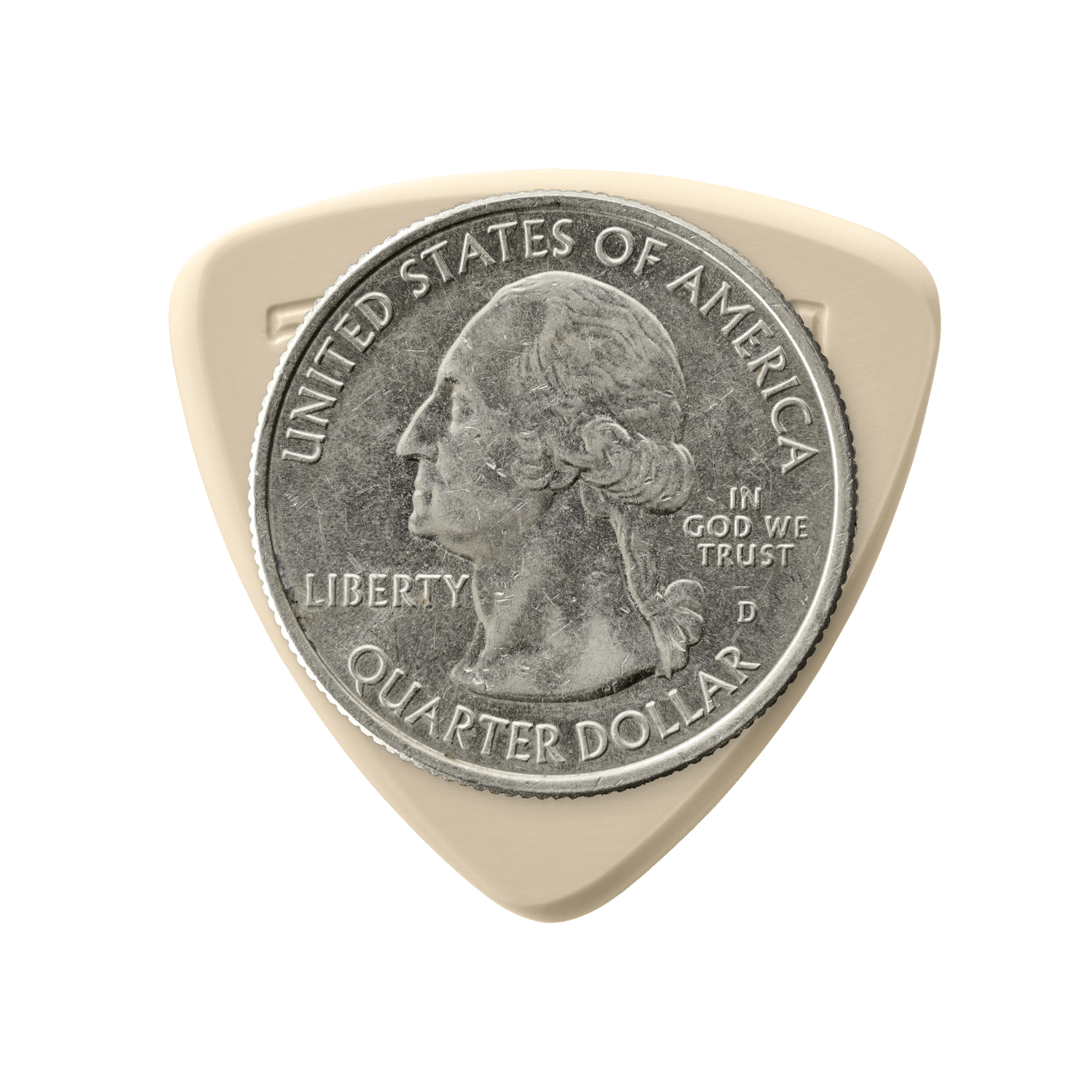 Token B2-55 Small Triangle guitar pick in Tan PEEK with US quarter for size reference