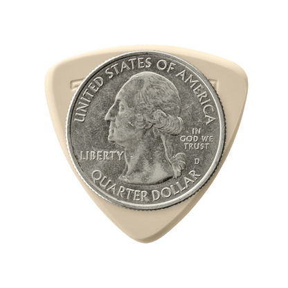 Token B2-55 Small Triangle guitar pick in Tan PEEK with US quarter for size reference