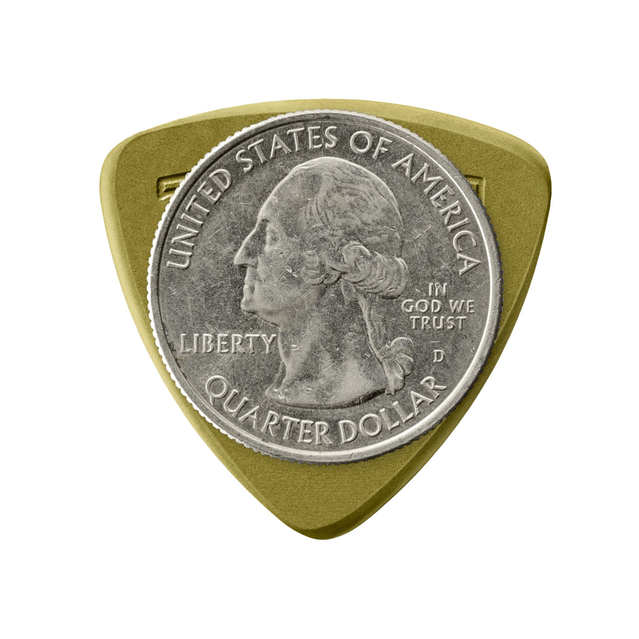 Token B3-55 Small Triangle guitar pick in Green Torlon with US quarter for size reference