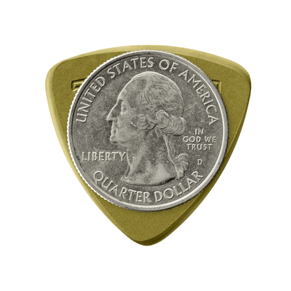 Token B3-55 Small Triangle guitar pick in Green Torlon with US quarter for size reference