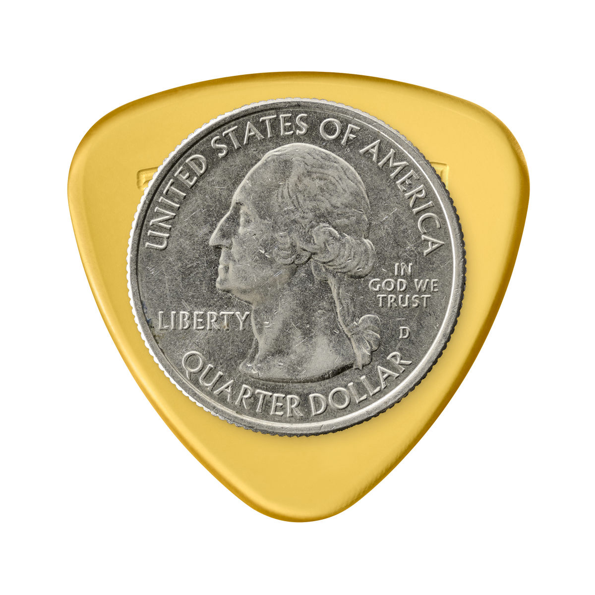 Token M1-50 Large Semi-Round guitar pick in Amber Ultem with US quarter for size reference