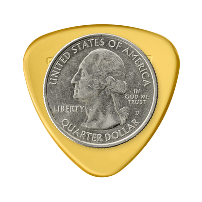 Token M1-50 Large Semi-Round guitar pick in Amber Ultem with US quarter for size reference