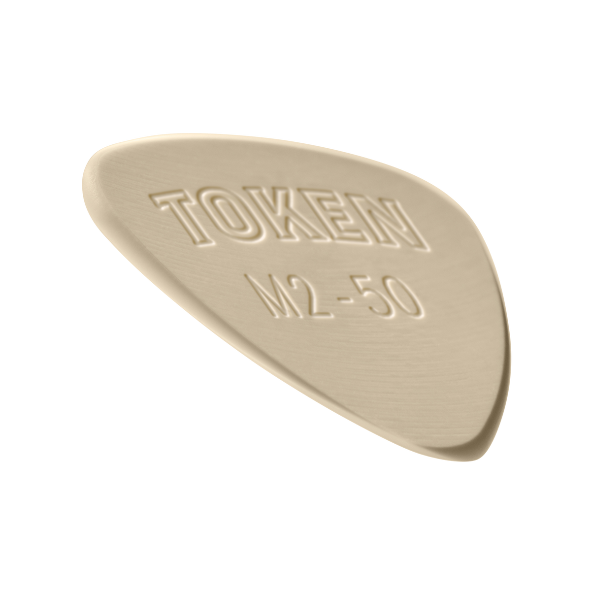 Token M2-50 Large Semi-Round guitar pick in Tan PEEK, angled view showing precision bevel