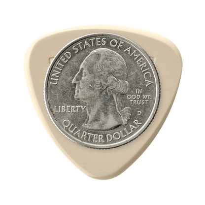 Token M2-50 Large Semi-Round guitar pick in Tan PEEK with US quarter for size reference