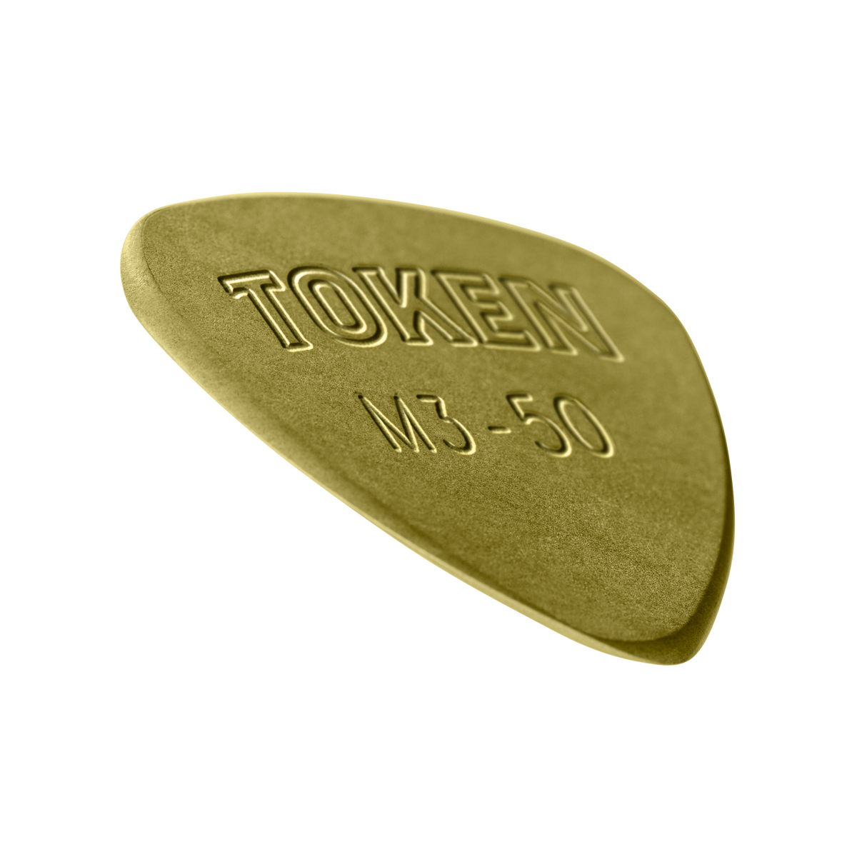 Token M3-50 Large Semi-Round guitar pick in Green Torlon, angled view showing precision bevel