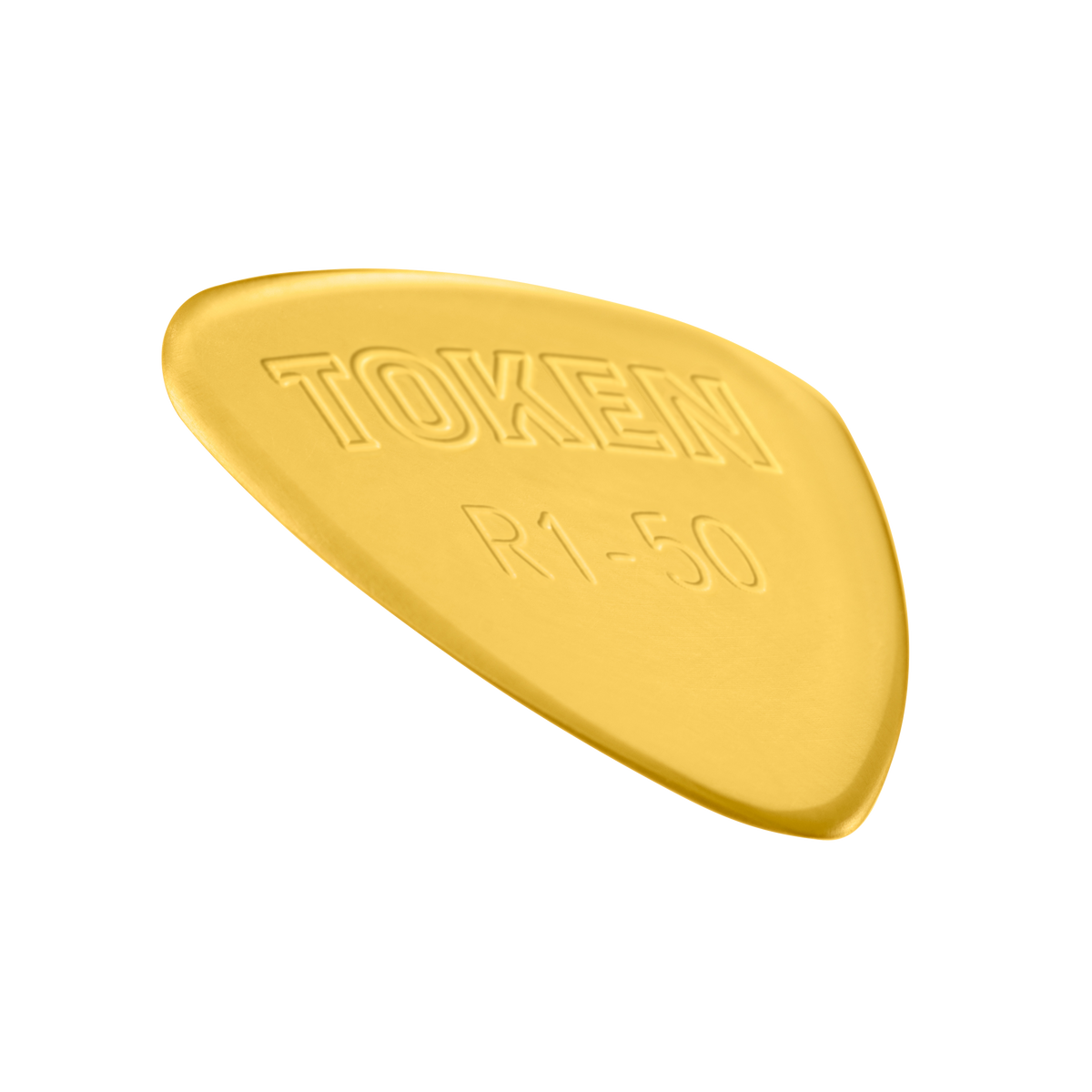 Token R1-50 Small Semi-Round guitar pick in Amber Ultem, angled view showing precision bevel