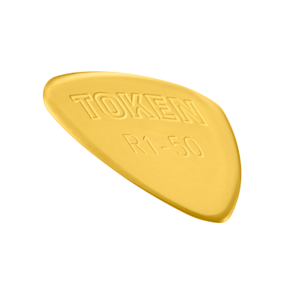 Token R1-50 Small Semi-Round guitar pick in Amber Ultem, angled view showing precision bevel