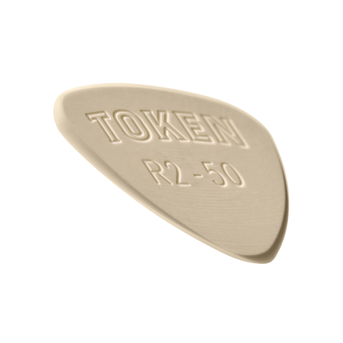 Token R2-50 Small Semi-Round guitar pick in Tan PEEK, angled view showing precision bevel