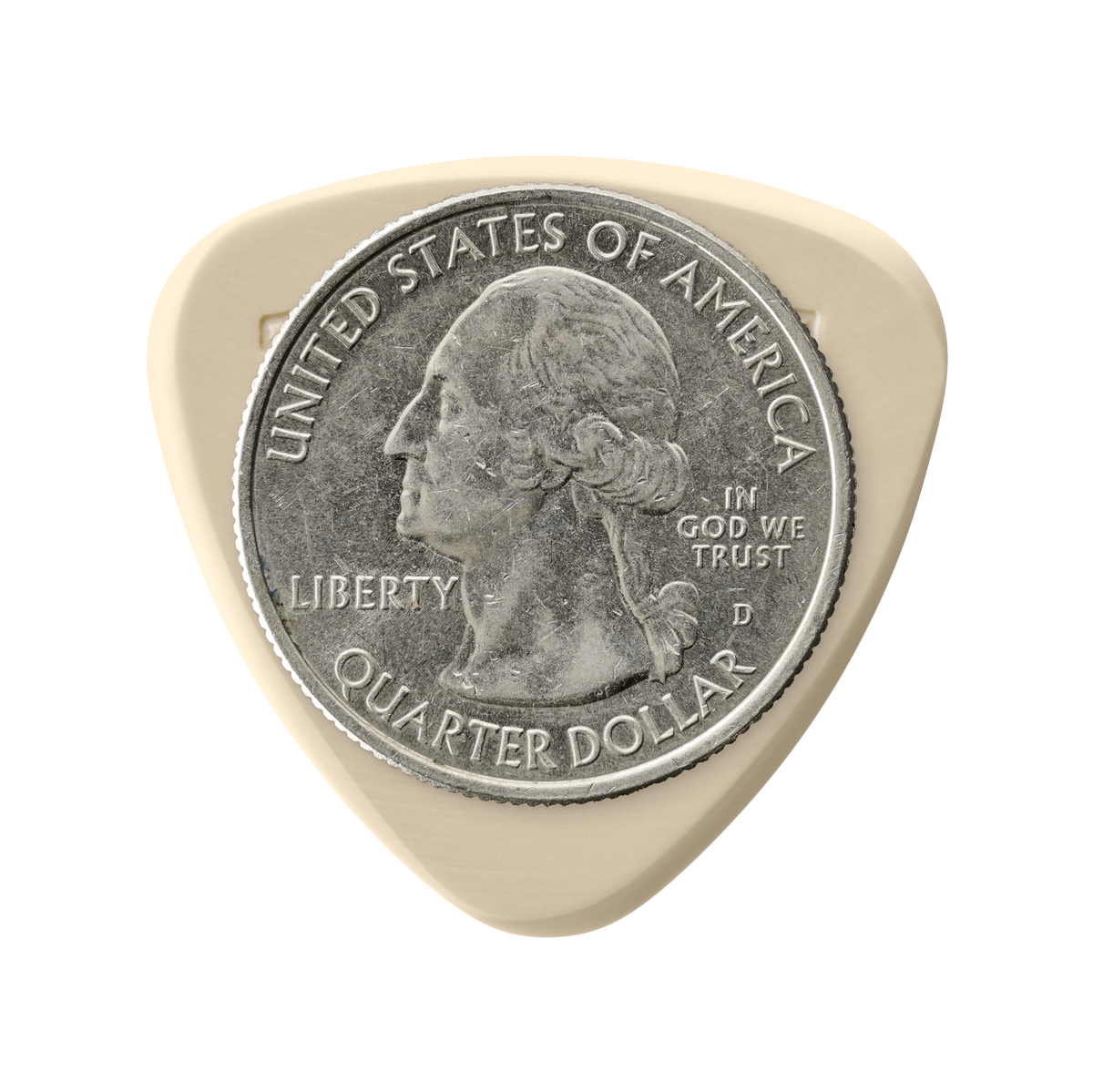 Token R2-50 Small Semi-Round guitar pick in Tan PEEK with US quarter for size reference