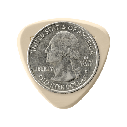 Token R2-50 Small Semi-Round guitar pick in Tan PEEK with US quarter for size reference
