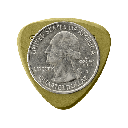 Token R3-50 Small Semi-Round guitar pick in Green Torlon with US quarter for size reference